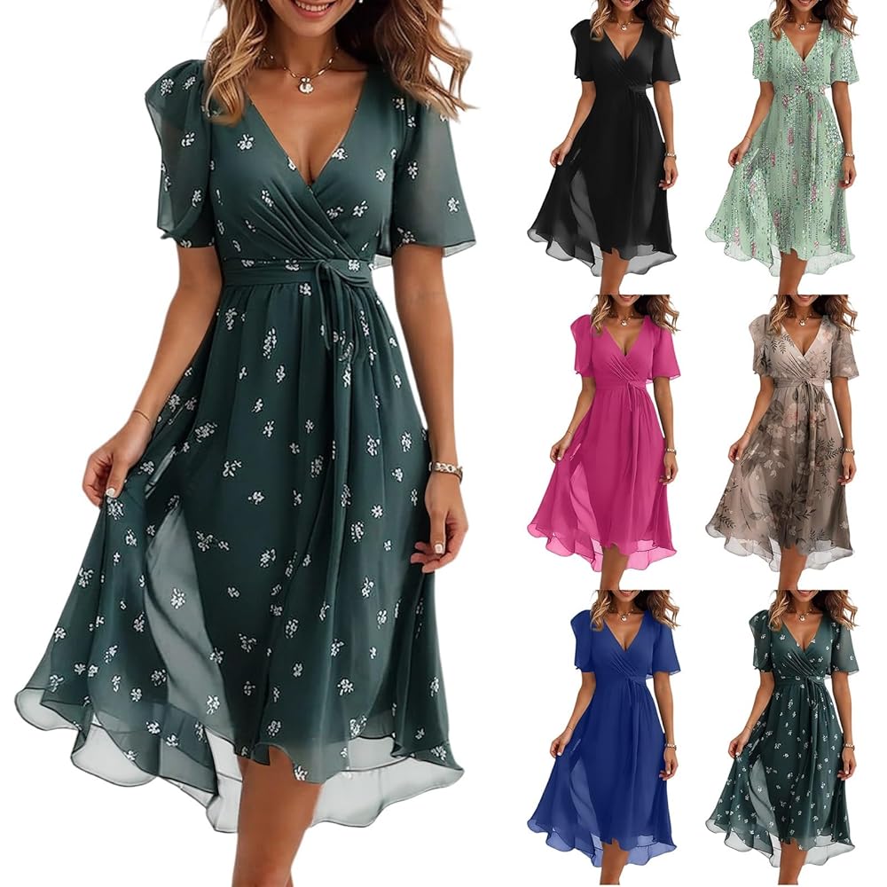 Summer Floral Dresses for Women 2025 Chiffon Midi Dresses